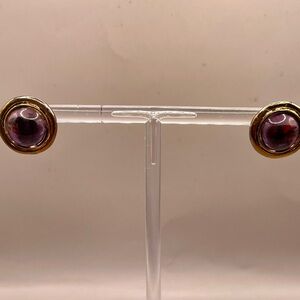 Vintage Purple Cabochons and Gold Tone Circular Stud Earrings